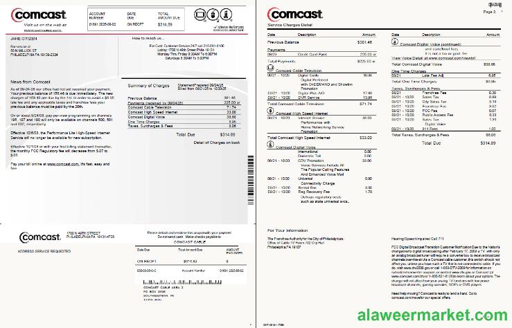 USA Comcast utility bill template in Word and PDF formats, 2 pages, version 2